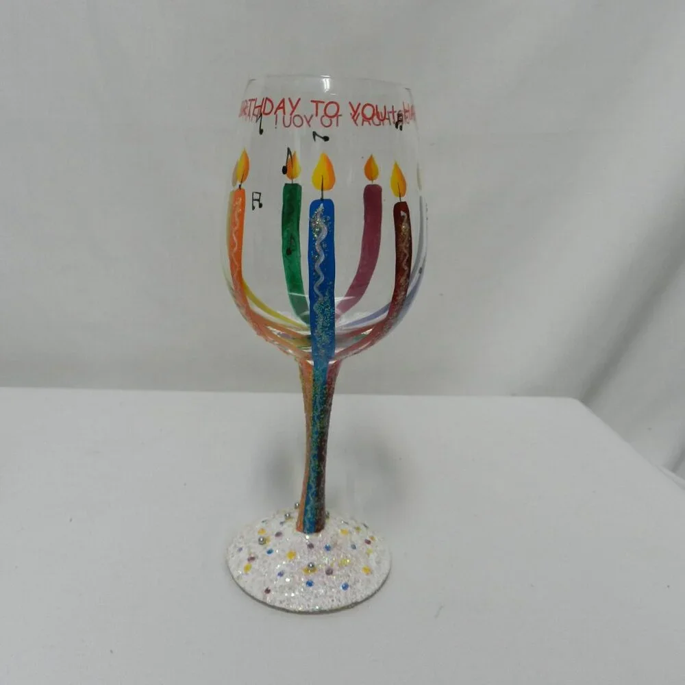 Lolita Happy Birthday Wine Glass Hand Painted Candles Recipe Bottom 15 oz w/ Box